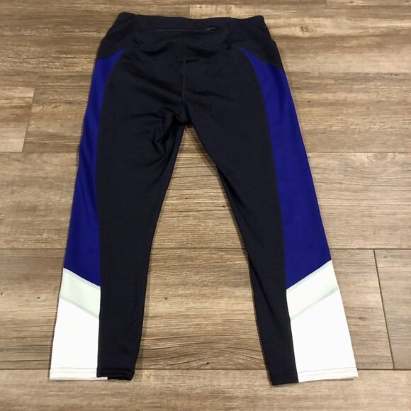 Athleta Leggings Small Multi Blue White Color Block Cropped Back Zipper Pocket - Picture 2 of 11